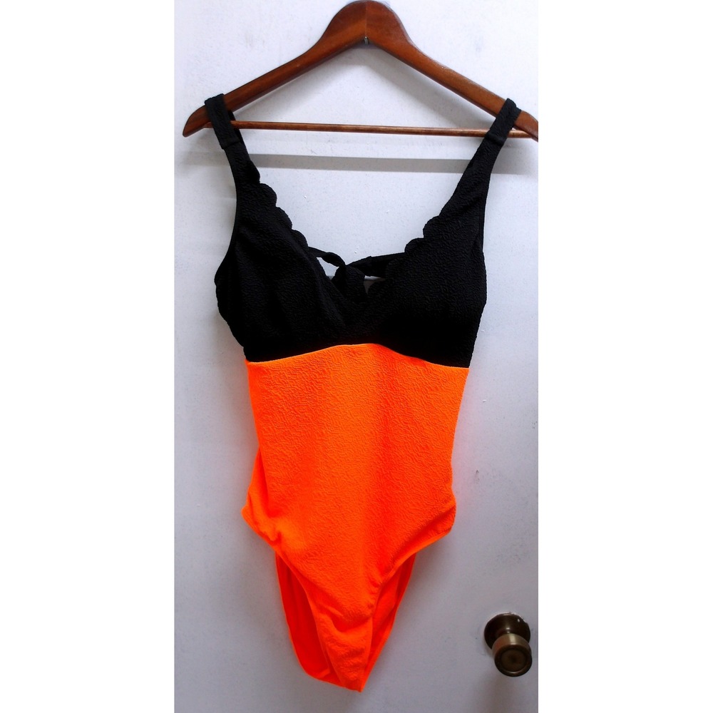 Orange Textured One Piece Swimsuit Black Trim Cutout Neon Swimwear 3Xl /#26609